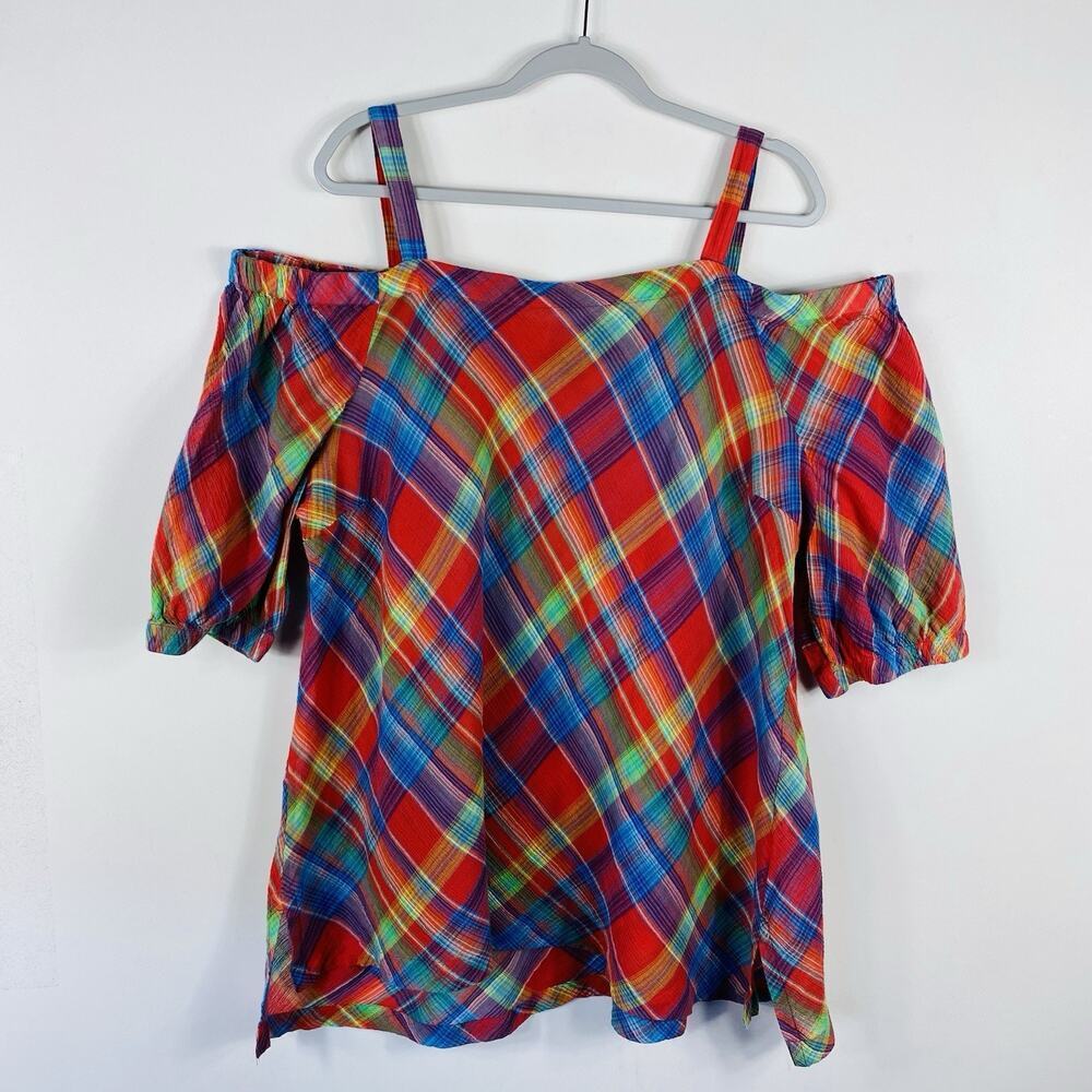 Lauren Ralph Lauren Top 3X Rainbow Plaid Cold Shoulder 100% Cotton Gauze
